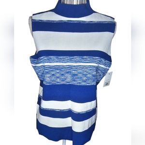 Nine West women's blue/white knit mock neck sleeveless sweater top Size L